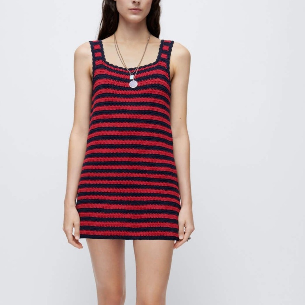 RE/DONE Navy And Red Striped 70s Crochet Cotton Mini Dress Women’s Small